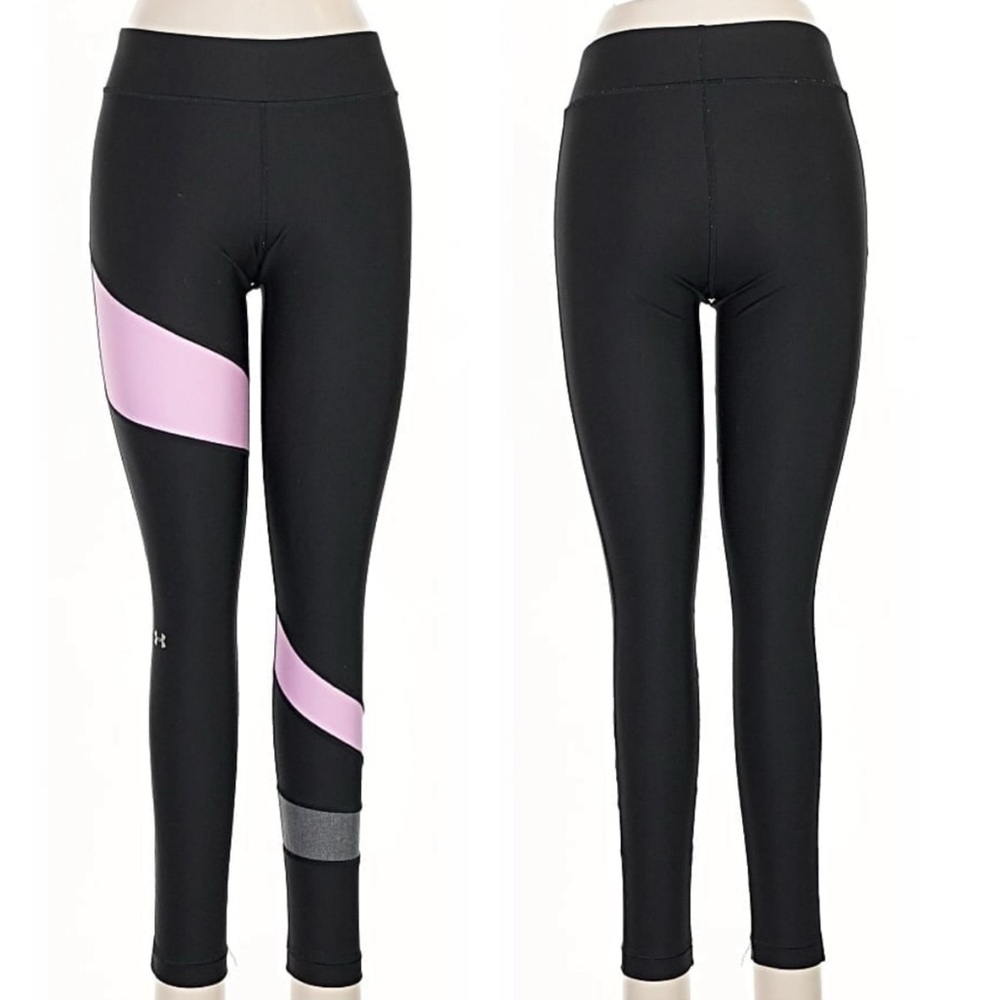 Under Armour Heat Gear Compression Black Pink Gray Color Block Athletic Leggings